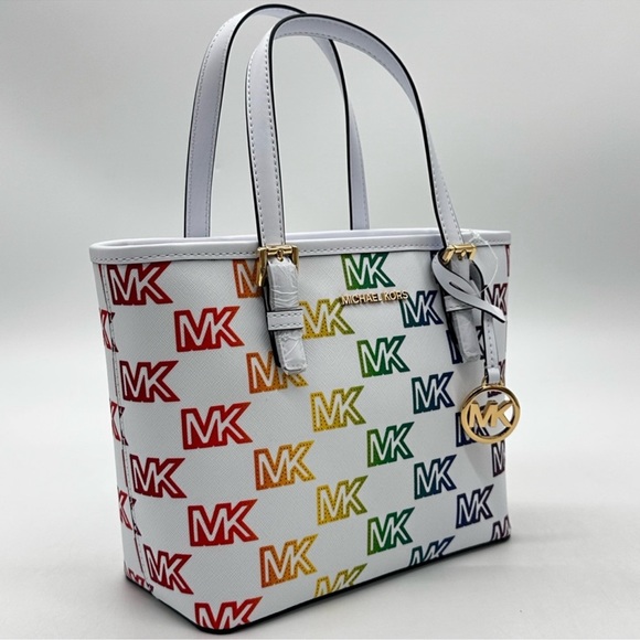Michael Kors Jet Set Travel Extra-Small Top Zip Tote Bag Rainbow Optic White - Picture 6 of 11